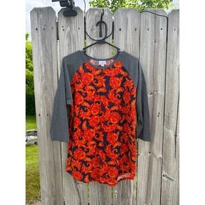 LuLaRoe Randy Baseball Tee Orange Red Floral Paisley Gray Raglan Sleeve Large